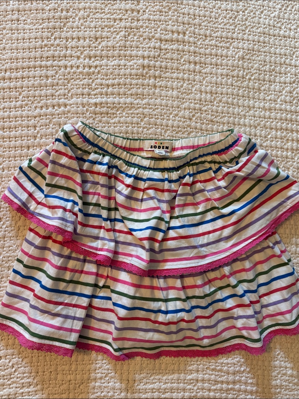 Boden Cream Multi-Stripe Ruffle Skort with Pink Trim